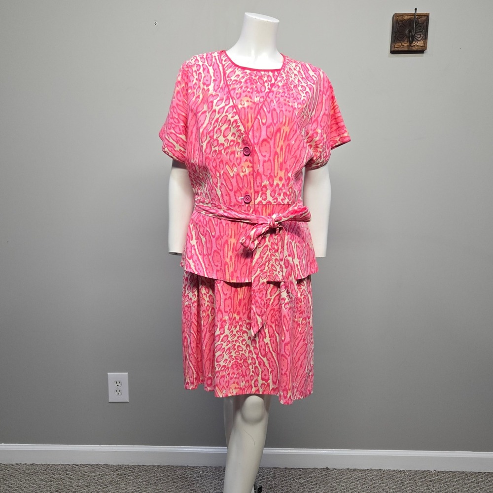 Julie Brown NYC 2 Piece Suit Dress Size 12 Pink Leopard Print Linen Blend Work
